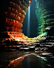 Vibrant Sandstone Cave with Dramatic Light Beams and Water Reflection