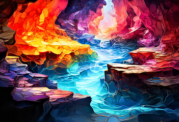 Vibrant Abstract Canyon with Flowing Water and Colorful Rock Formations