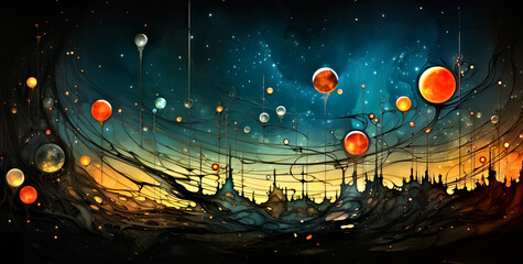 A painting of a city with many planets and stars