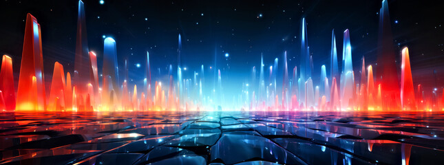Neon Crystal Spires on Reflective Surface With Gleaming Stars in Night Sky