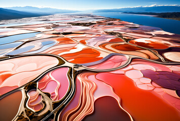 Aerial View of Vibrant Red and Pink Salt Ponds with Serpentine Roads and Distant Mountains