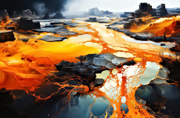 Aerial View of Surreal Dreamlike Fiery Landscape with Abstract Patterns and Flowing Lava-Like Structures