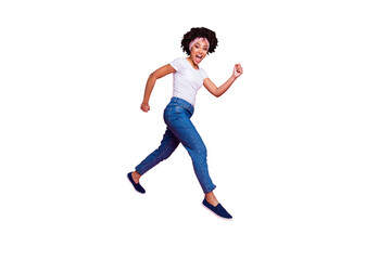 Full length body size view portrait of her she nice-looking attractive lovely fit thin slim slender sportive cheerful optimistic wavy-haired girl band scarf marathon isolated on pink pastel background