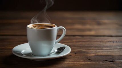 Coffee cup with hot steaming coffee on the table.