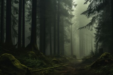 Naklejka premium Tranquil and serene enigmatic forest mist with moody and mystical atmosphere in lush and greenery woodland landscape, creating an eerie and earthy outdoor adventure environment