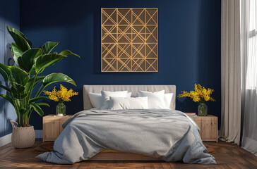 Minimalist bedroom with dark blue wall, gold geometric art on the walls, grey and beige bed with white pillows, wooden floor, plants in pots