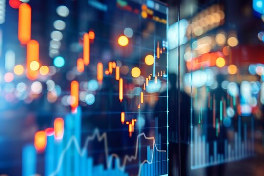 Executives evaluating benchmarking results with a blurred stock graph chart in the background