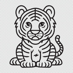 Cute simple tiger design, black vector illustration on transparent background