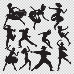 Simple and flat dancers silhouette icons set, black vector illustrations isolated on transparent background
