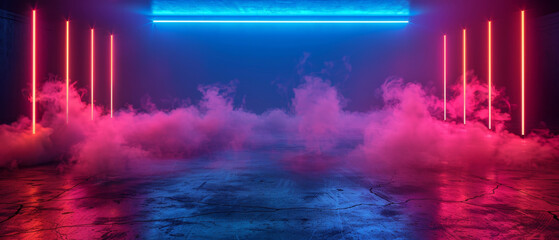 Empty studio with neon lights, smoke, and dark blue background, perfect for product showcasing.