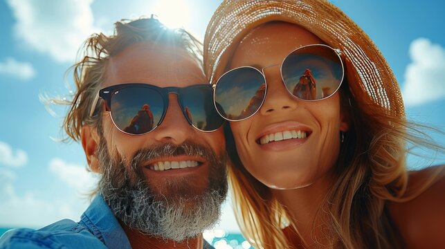 Senior couple surfing together, enjoying an exhilarating and adventurous experience