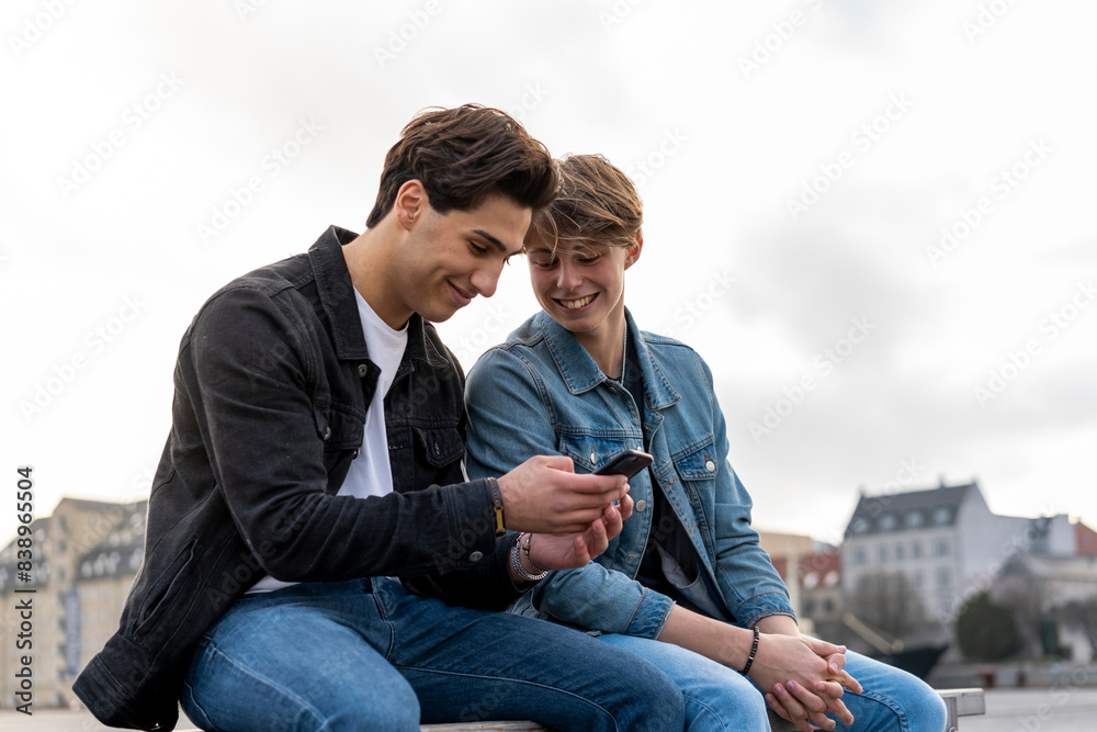 Wall mural denmark, copenhagen, two young men sitting on a bench using cell phone