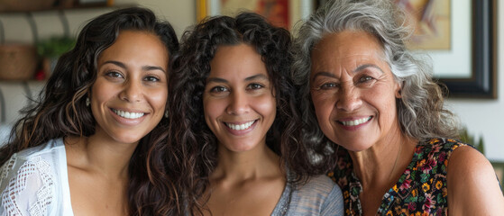 Obraz premium Three generations of beautiful Latin women celebrating Women's Day in a heartwarming home portrait.