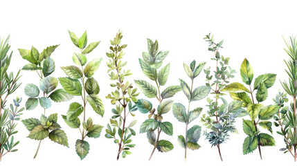 Fototapeta premium Beautiful botanical illustration of garden herbs in seamless border collection on white background