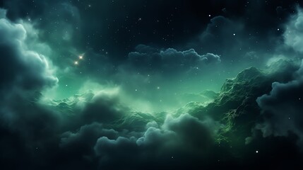Fototapeta premium Green nebula with bright stars, deep space, glowing gas clouds, ethereal and mysterious cosmic scene