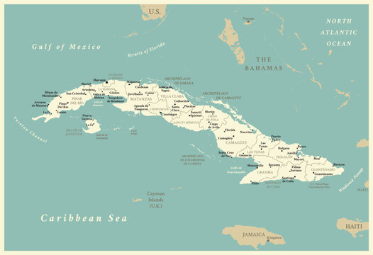 Cuba - detailed map with administrative divisions and capitals of countries. Vector illustration