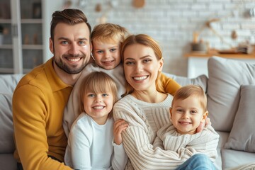 Obraz premium Happy Family Parents and Kids Enjoying Time Together on Home Couch