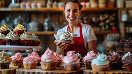 The woman holding cupcake