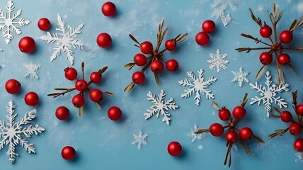 Gorgeous light blue Christmas background featuring snowflakes and red berries. Happy New Year! New Year's composition with decorations