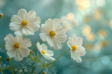 Serene White Floral Blossoms Macro on Teal Bokeh Background - Nature Photography for Wall Art and Prints