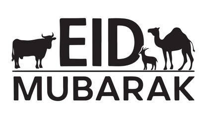 Eid Mubarak typography with cow, camel and goat illustrations