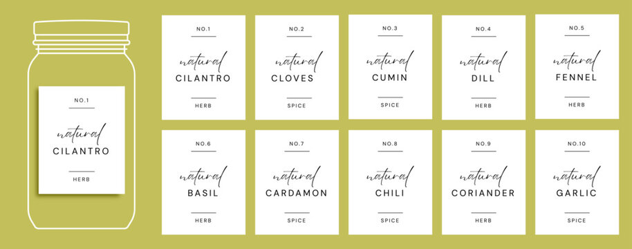kitchen pantry labels premade design template for herbs and spices, grain and cereals. cooking ingredient organizing printable stickers for jars