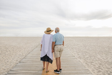 Back view of senior couple standing hand in hand on wooden boardwalk looking at horizon, Liepaja,...