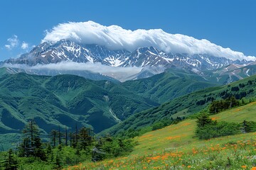 Fototapeta premium Majestic Mountain Landscape with Green Hills and Wildflowers, Perfect for Nature Posters and Travel Brochures