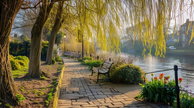 A peaceful riverside promenade lined with weeping willows and benches overlooking the water.