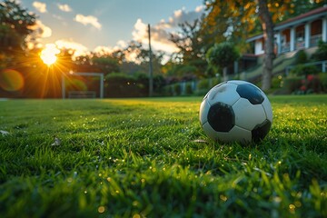 Sunset Soccer Practice: Tranquil Backyard Setting with Soccer Ball on Lush Green Lawn