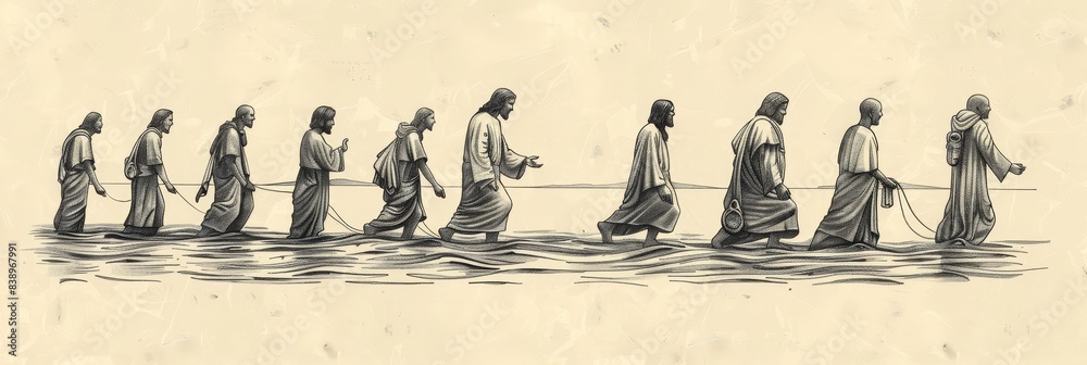 Wall mural Jesus Walking on the Water to Meet His Disciples, Biblical Illustration of Miracle and Faith, Ideal for Religious Banner,Christian banner - Wall murals