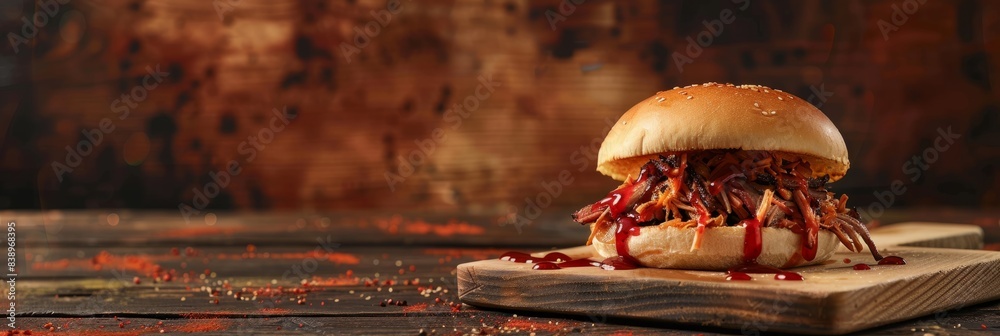 Wall mural A close-up of a mouthwatering pulled pork sandwich on a rustic wooden cutting board. The succulent meat is piled high and drizzled with a tangy barbecue sauce - Wall murals