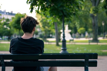 Fototapeta premium Young man with short hair sitting on a park bench, enjoying the serene green surroundings and peaceful ambiance of a summer day.