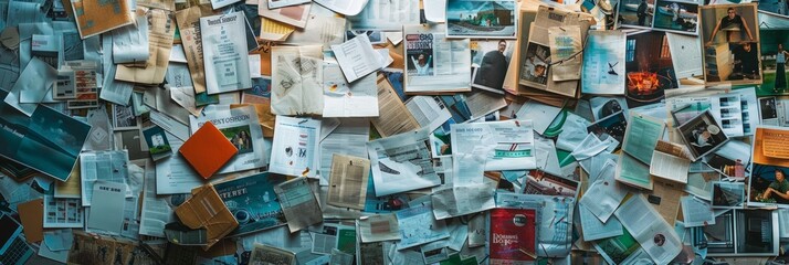 An overhead view of a wall completely covered in various papers and pictures, creating a chaotic yet organized aesthetic