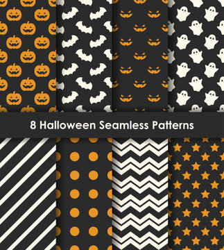 Set of 8 Halloween Seamless Patterns in Black, Orange, and White. For wrapping paper, scrapbooking, fabric, background, package design, etc.