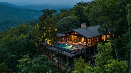 A secluded mountain retreat with luxury cabins and panoramic views of the surrounding wilderness.