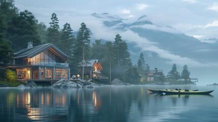 Fototapeta premium A serene lakeside resort with elegant cabins and kayaks for exploring the calm waters.