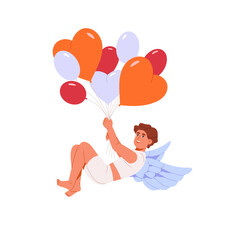 Cute baby angel with wings hanging on balloons with heart shape. Amor, cupid flying in the air. Romantic symbol of love. St. Valentines Day, 14 February. Flat isolated vector illustration on white