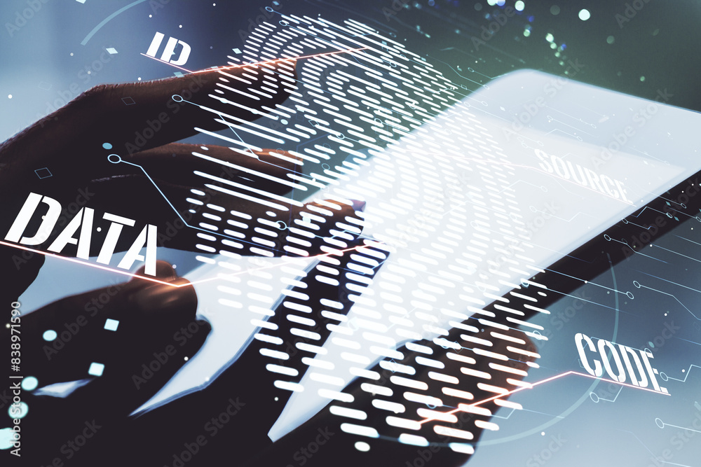 Leinwandbilder multi exposure of abstract fingerprint scan interface and hand working with a digital tablet on back