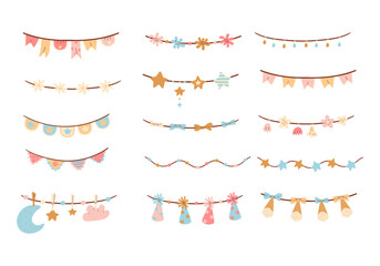 Baby birthday garland flags  balloons hand drawn elements