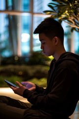 Young man in a hoodie, intensely focused on his smartphone while sitting in a modern indoor space with greenery.