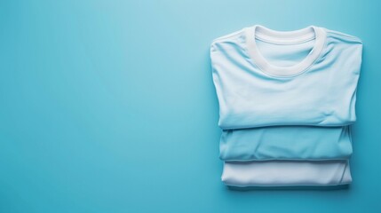 Stack folded t-shirts on blue background, material order clothing storage