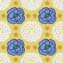 Blue and white flowers seamless pattern with yellow background. Design for background, fabric ,wallpaper,clothing,illustration,paper.