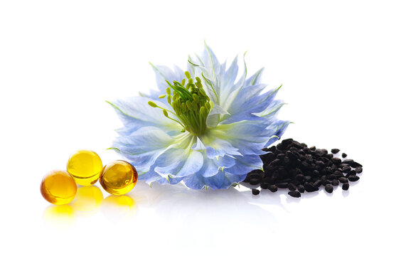 Black cumin seeds and capsules with nigella sativa flower on white background