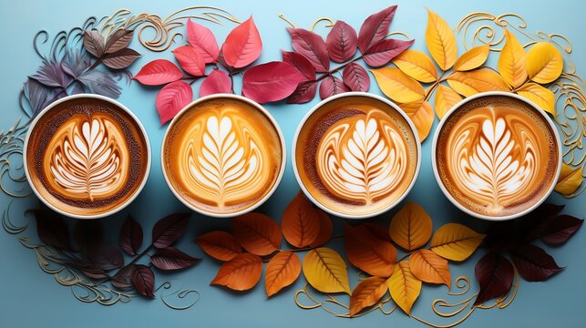 Colorful latte art in four cups, pastel background, leaves and coffee beans, top view, artistic and whimsical