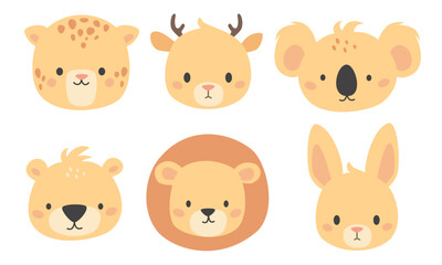 Set of vector cute animal faces. Leopard, lion, bear and deer koala hare. Illustrations in children's style on white background . Vector illustration