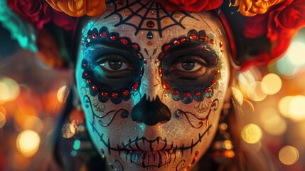 Colorful Dia de los Muertos Sugar Skull Makeup in Festive Atmosphere