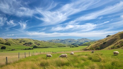 Obraz premium A tranquil countryside landscape with rolling hills and grazing sheep under a vast blue sky.