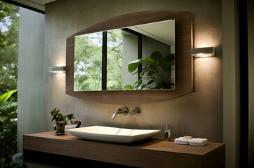 Elegant bathroom vanity featuring a stylish basin, lit mirror, and ambient lighting