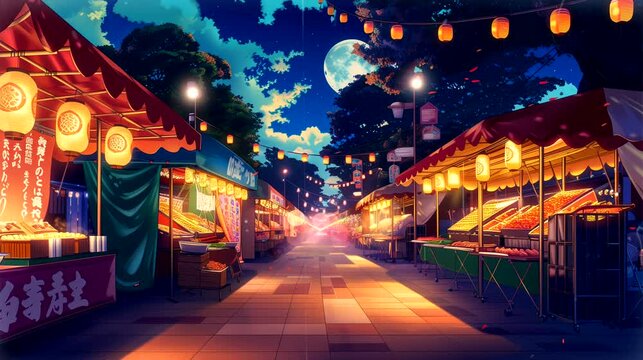A traditional Japanese summer festival, with food stalls at night. Anime or digital painting style, looping 4k video animation background